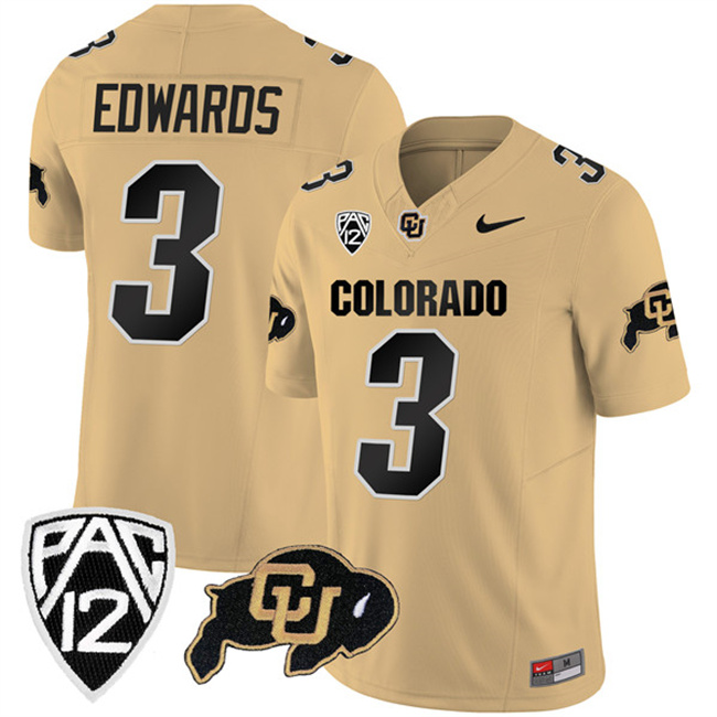 Men's Colorado Buffaloes #3 Dylan Edwards Gold 2023 F.U.S.E. With PAC-12 Patch Stitched Football Jersey Men's Colorado Buffaloes #3 Dylan Edwards Gold 2023 F.U.S.E. With PAC-12 Patch Stitched Football Jersey